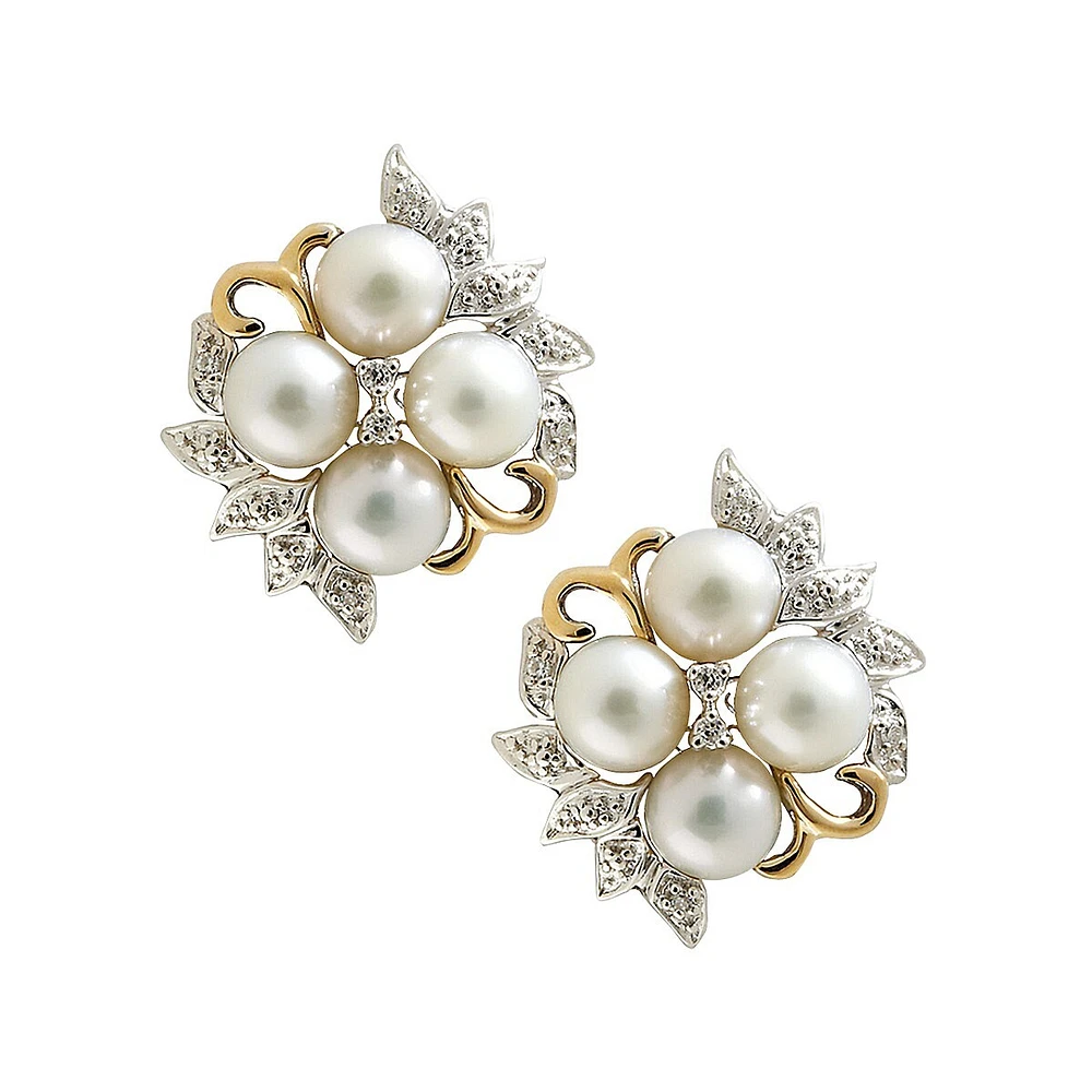 14K Yellow Gold Sterling Silver Diamond And 6mm Pearl Earrings