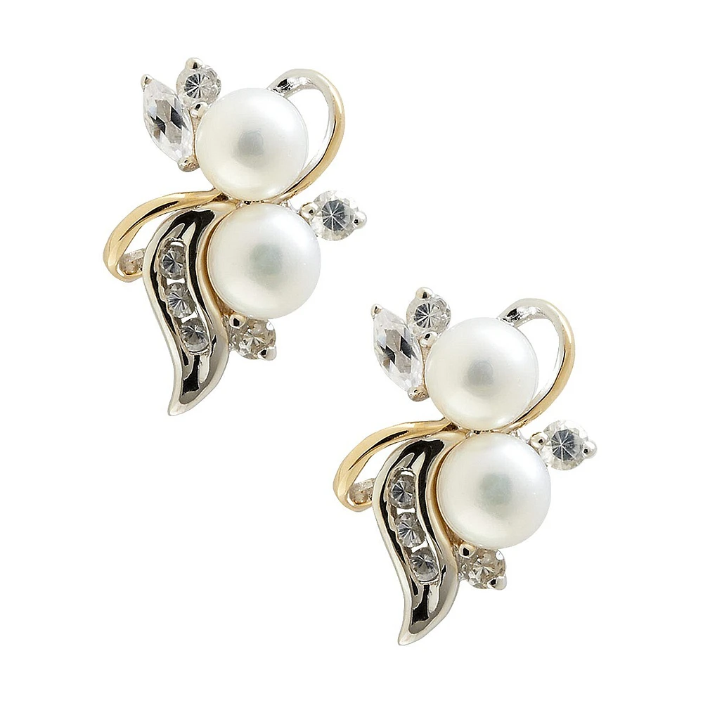 Boucles d Oreilles fleur avec perles en argent sterling et or jaune 14K