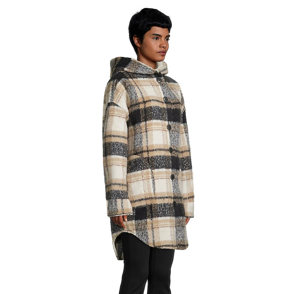 Abby Faux Shearling-Lined Hooded Plaid Shacket