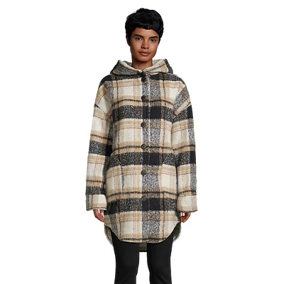 Abby Faux Shearling-Lined Hooded Plaid Shacket