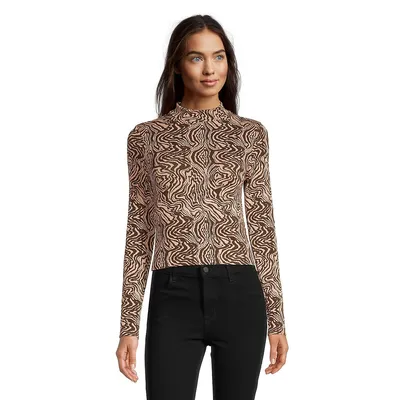 Ribbed Long-Sleeve Patterned Top