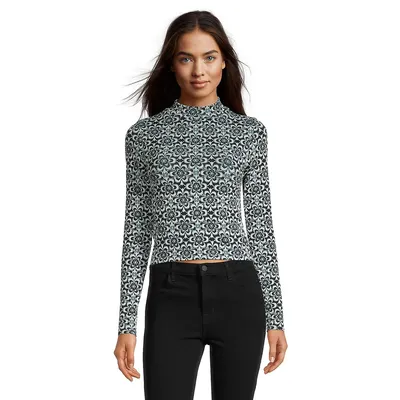 Ribbed Long-Sleeve Patterned Top