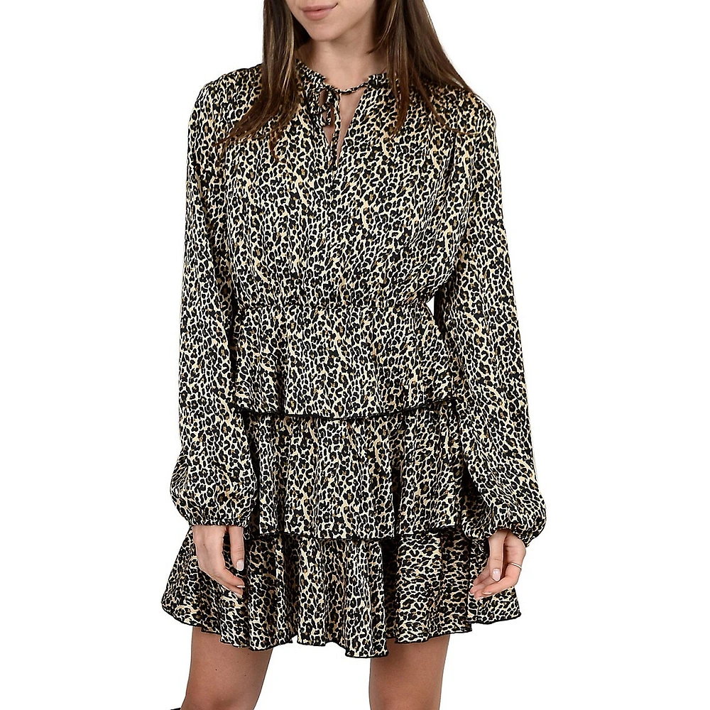 Tiered Leopard-Print Satin Dress