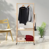 Bamboo Clothing Rack With 4 Hooks, Rolling Garment Coat Shoe Rack With 2-tier Storage Shelves