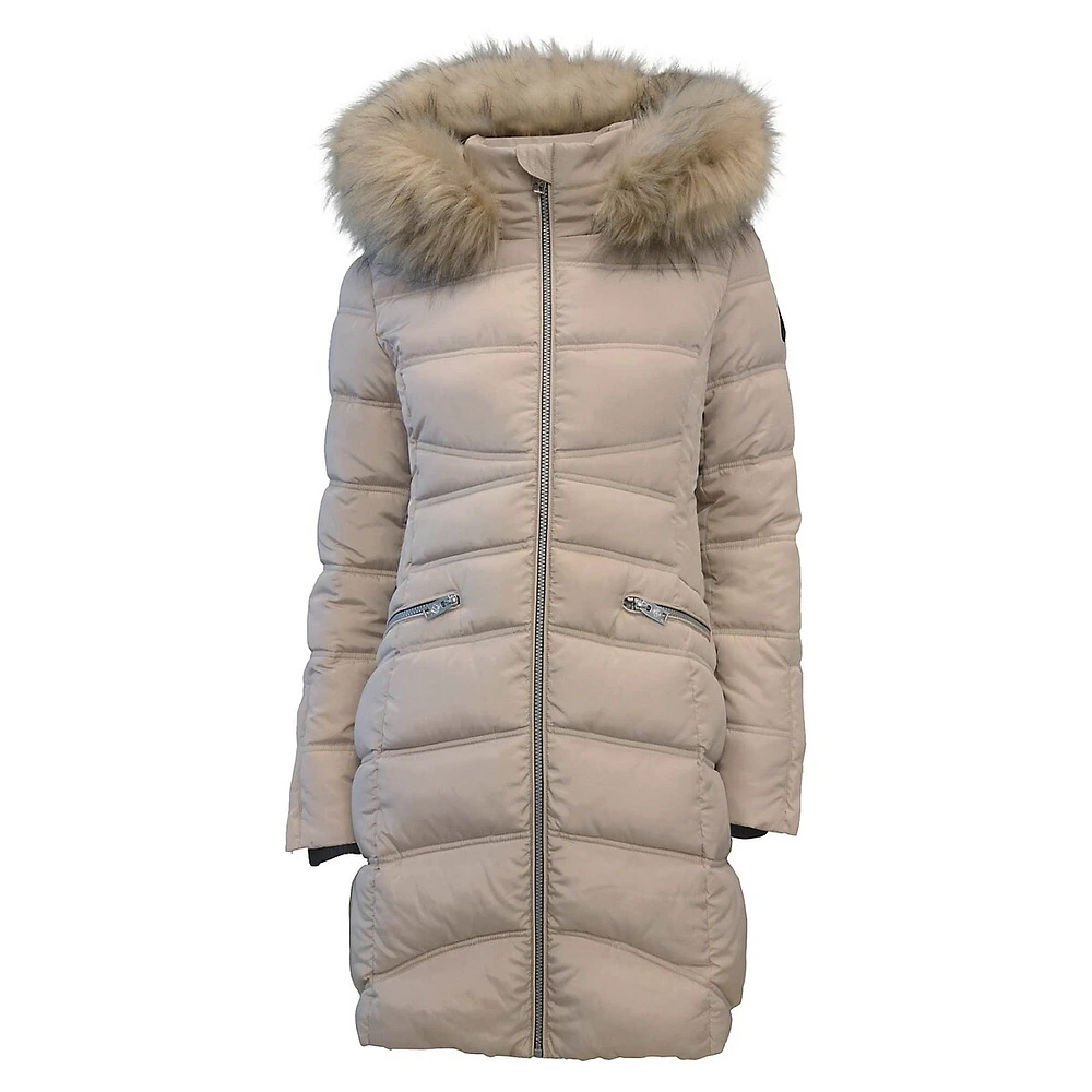 Faux Fur-Trim Hooded Puffer Jacket