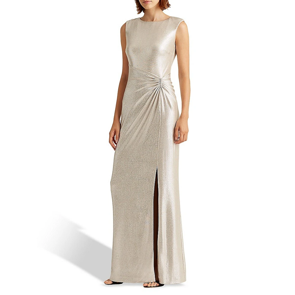 Metallic Ruched Waist Sleeveless Coloumn Gown