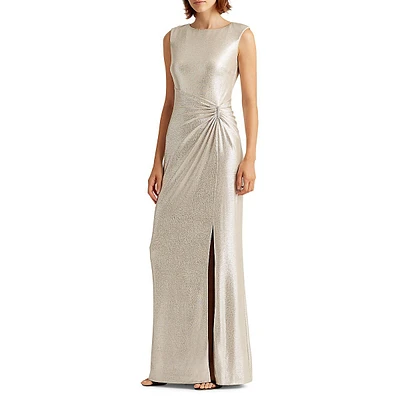 Metallic Ruched Waist Sleeveless Coloumn Gown