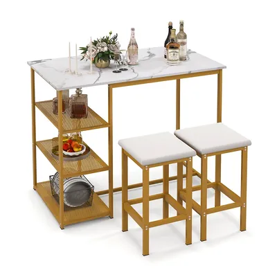 3pcs Bar Table Set Kitchen Counter Height Table 2 Stools Space Saving With Storage