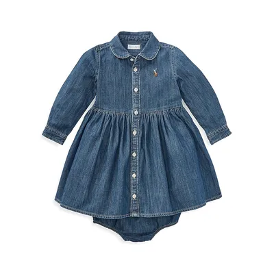 Baby Girl's Two-Piece Denim Button Front Dress & Bloomers Set