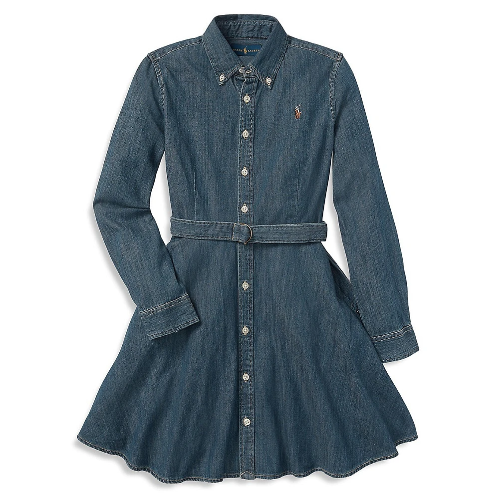 Girl's Denim Fit-&-Flare Shirt Dress