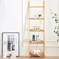 5-tier Ladder Shelf Modern Bamboo Leaning Bookshelf Ladder Bookcase Open Display