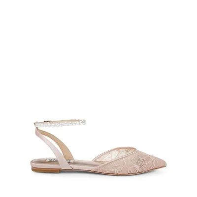 Fawn Satin, Floral Lace & Faux Pearl-Embellished Ankle-Strap Flats