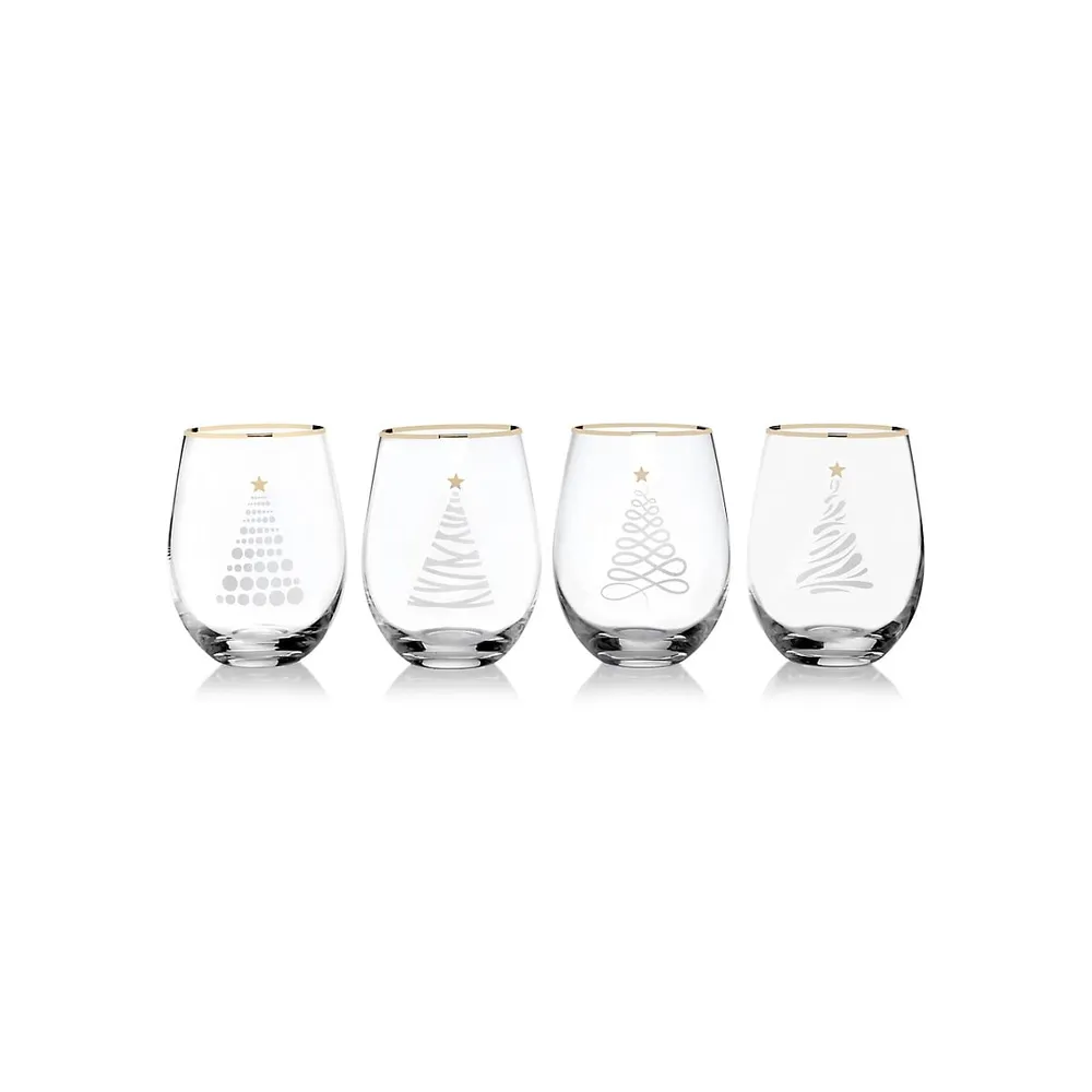 Celebrations 4-Piece Christmas Tree Stemless Wine Glass Set