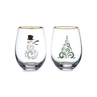 Celebrations Tree & Snowman Stemless Wine Glass 2-Piece Set