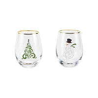 Celebrations Tree & Snowman Stemless Wine Glass 2-Piece Set