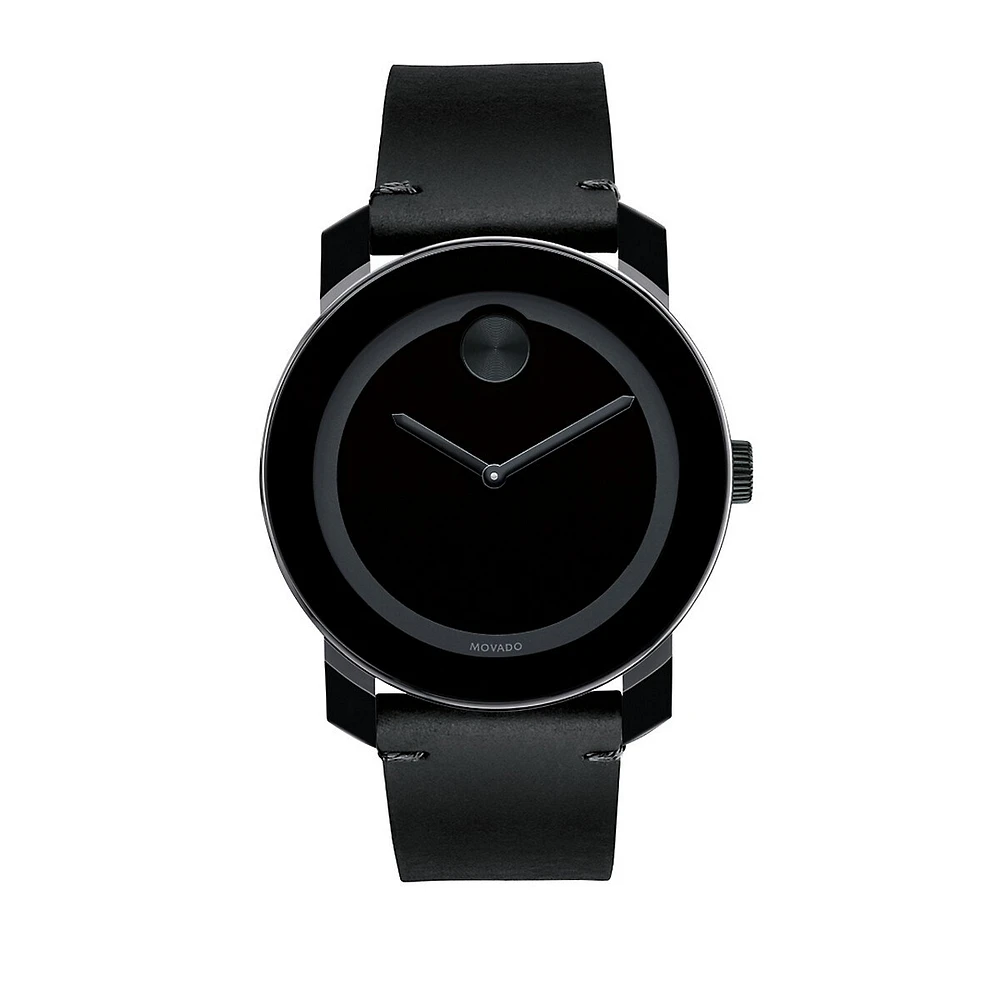 Bold Black Steel & Leather Analog Strap Watch 3600306