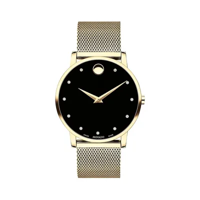 Montre-bracelet à cadran noir, bracelet milanais à revêtement PVD au fini or jaune et diamants de 0,043 ct PT 0607518