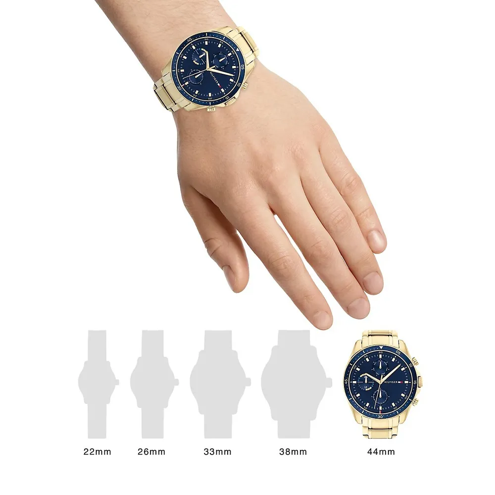 Montre chronographe à cadran marine avec bracelet doré