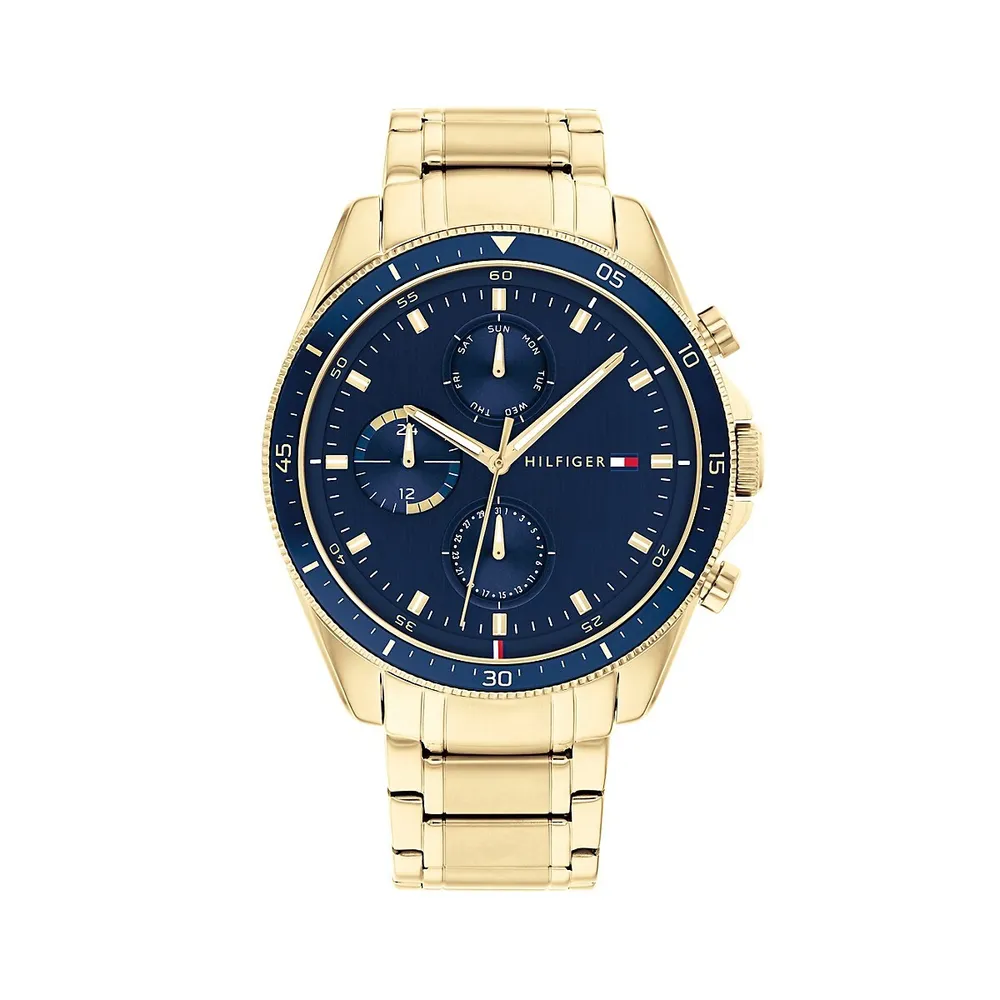 Montre chronographe à cadran marine avec bracelet doré