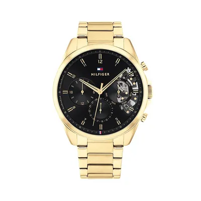 Black Openwork Dial & Goldplated Bracelet Chronograph Watch