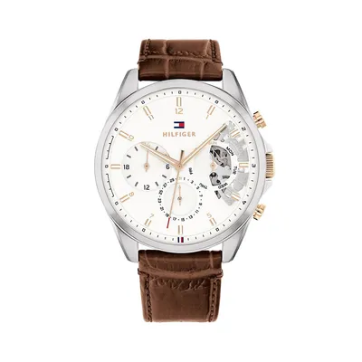 White Openwork Dial & Croc-Embossed Brown Leather Strap Chronograph Watch