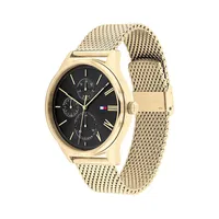 Montre chronographe à cadran noir à bracelet milanais en acier plaqué or 1791848