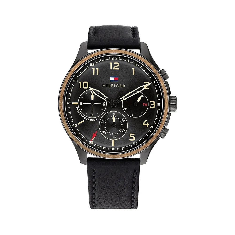 Montre chronographe à à lunette brune à bracelet en cuir noir 1791854