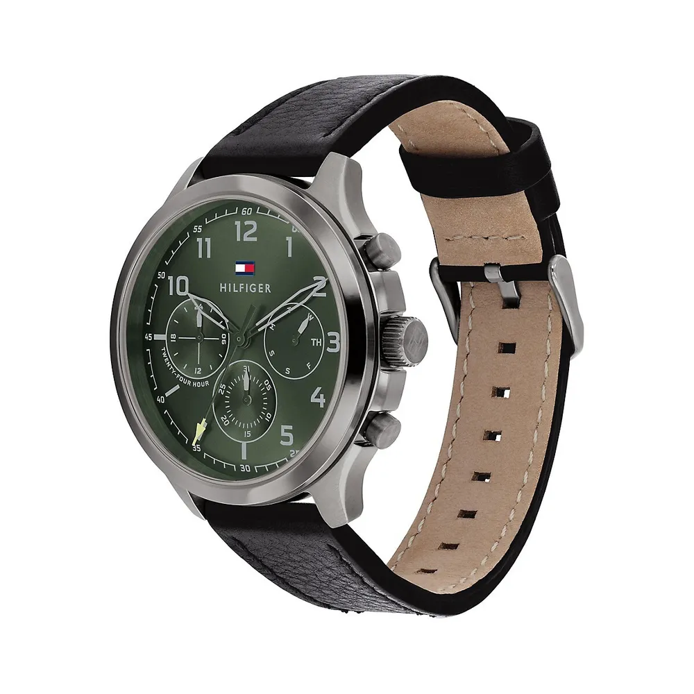 Green Dial & Black Leather Strap Chronograph Watch 1791856