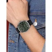 Green Dial & Black Leather Strap Chronograph Watch 1791856