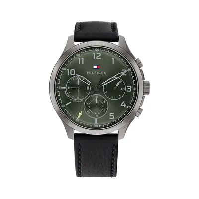 Montre chronographe à à cadran vert à bracelet en cuir noir 1791856