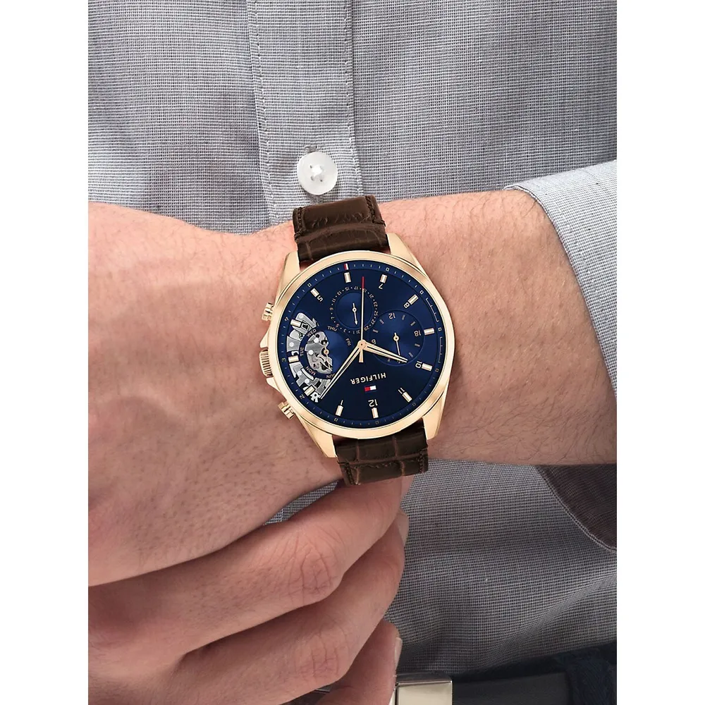 Montre chronographe à cadran bleu ouvert à bracelet en cuir brun Baker 1710453