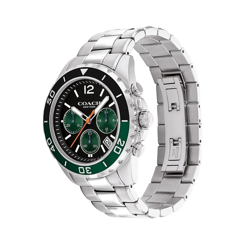 Montre-bracelet chronographe en acier inoxydable à cadran vert Kent 14602557