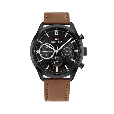 Matew Ionic-Plated Black Steel & Brown Leather Strap Chronograph Watch​ 1791942