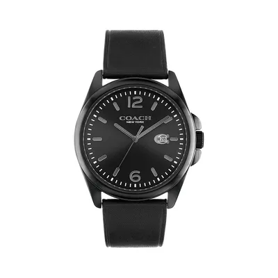 Montre Greyson à bracelet en cuir noir, cadran moiré noir, boîtier IP noir 14602588, 41 mm