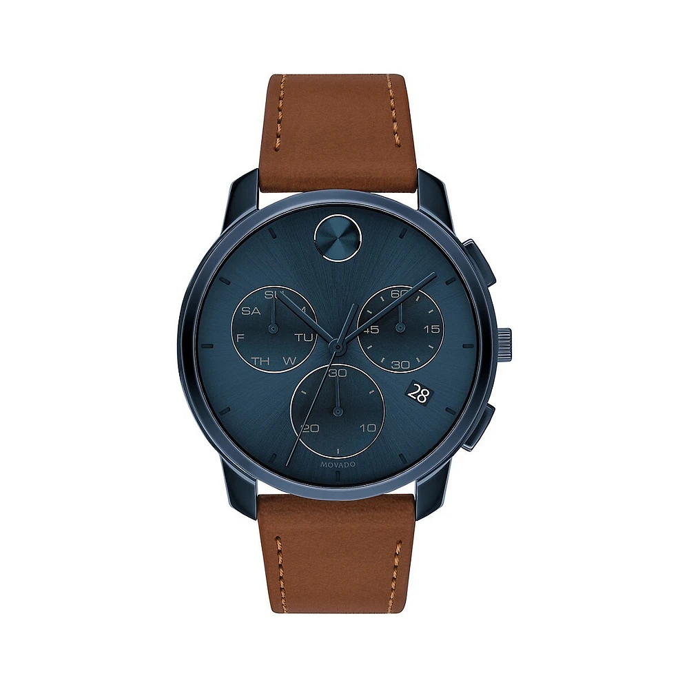 Montre chronographe en acier inoxydable avec bracelet en cuir