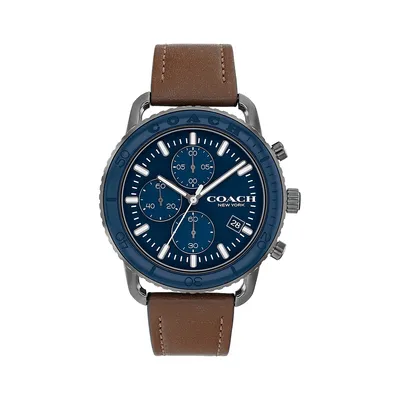 Montre chronographe à bracelet en cuir brun à cadran bleu Cruiser 14602610