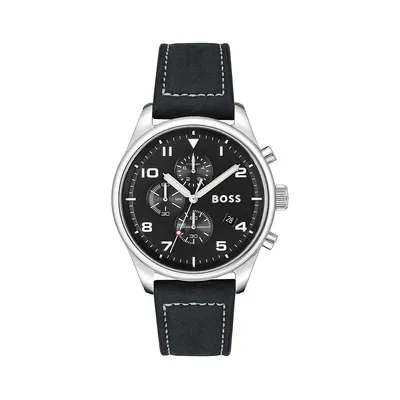 Montre chronographe en acier inoxydable avec bracelet en cuir View 1513987