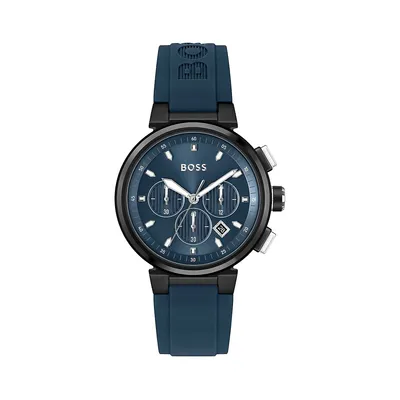 One Black Ionic-Plated Stainless Steel & Blue Silicone Strap Watch 1513998