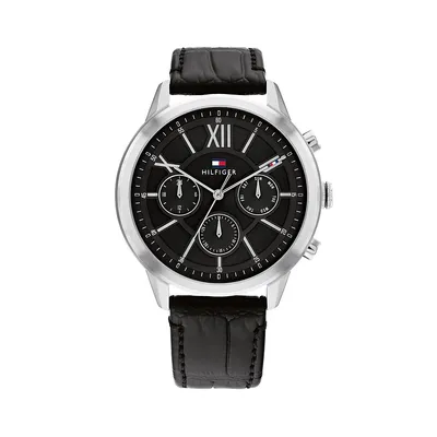 Stainless Steel & Black Leather Strap Multifunction Watch 1710527