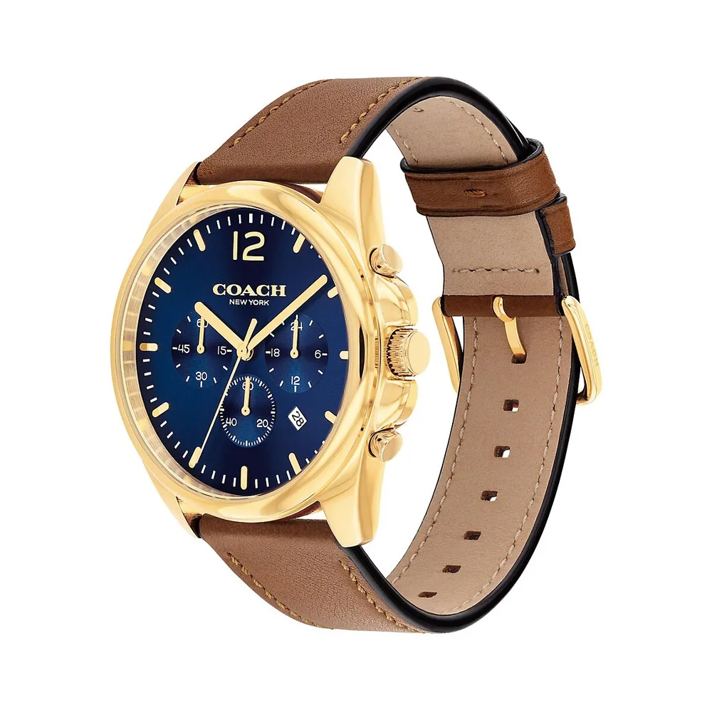 Greyson Ion-Plated Goldtone Stainless Steel and Saddle Leather Strap Chronograph Watch 14602629