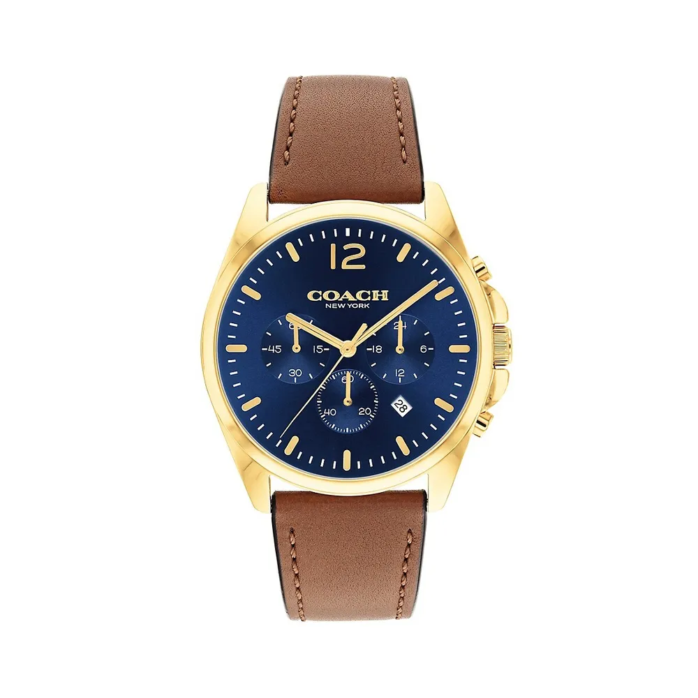 Greyson Ion-Plated Goldtone Stainless Steel and Saddle Leather Strap Chronograph Watch 14602629