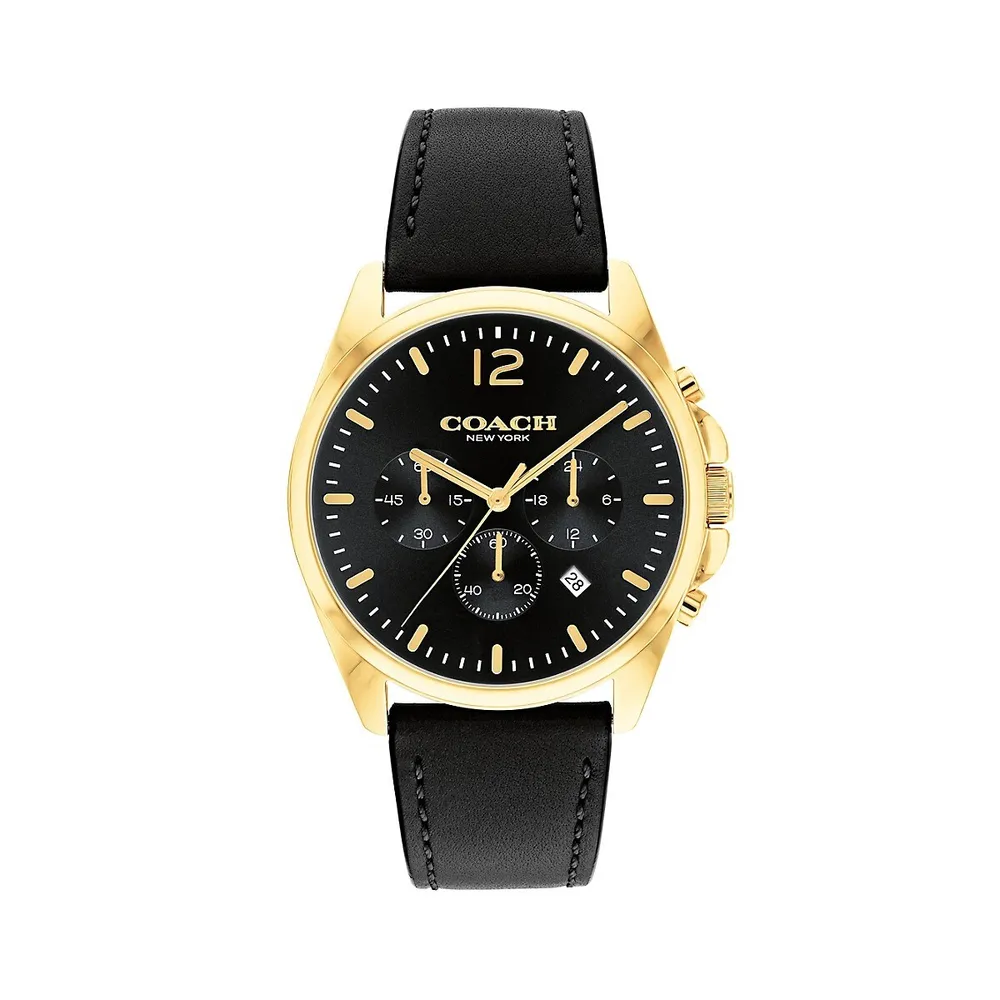 Greyson Ion-Plated Goldtone Stainless Steel and Black Leather Strap Chronograph Watch 14602631