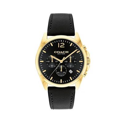 Greyson Ion-Plated Goldtone Stainless Steel and Black Leather Strap Chronograph Watch 14602631