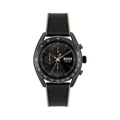Montre chronographe en cuir perforé noir et en silicone Center Court 1514022