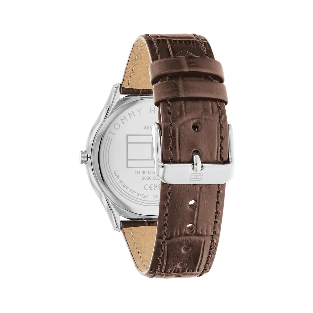 Montre en acier inoxydable à bracelet en cuir brun 1710536