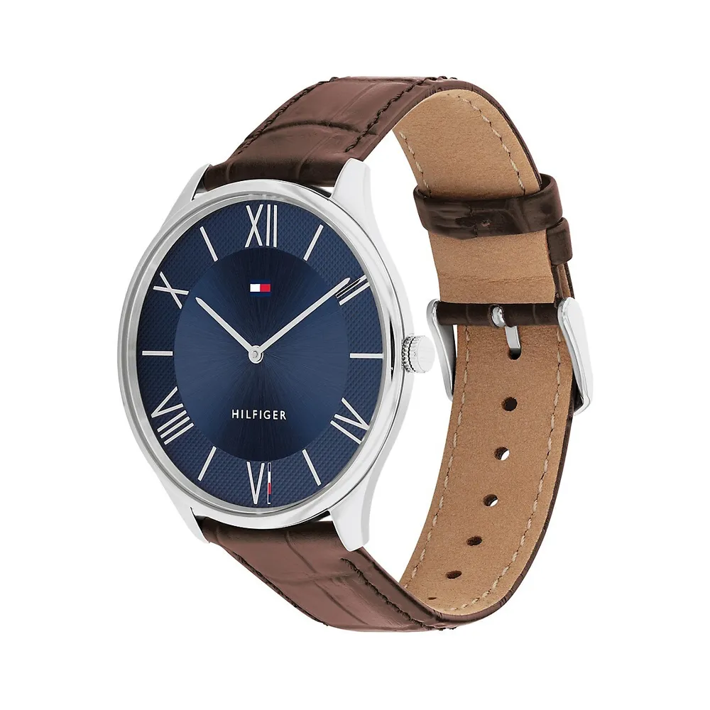 Montre en acier inoxydable à bracelet en cuir brun 1710536