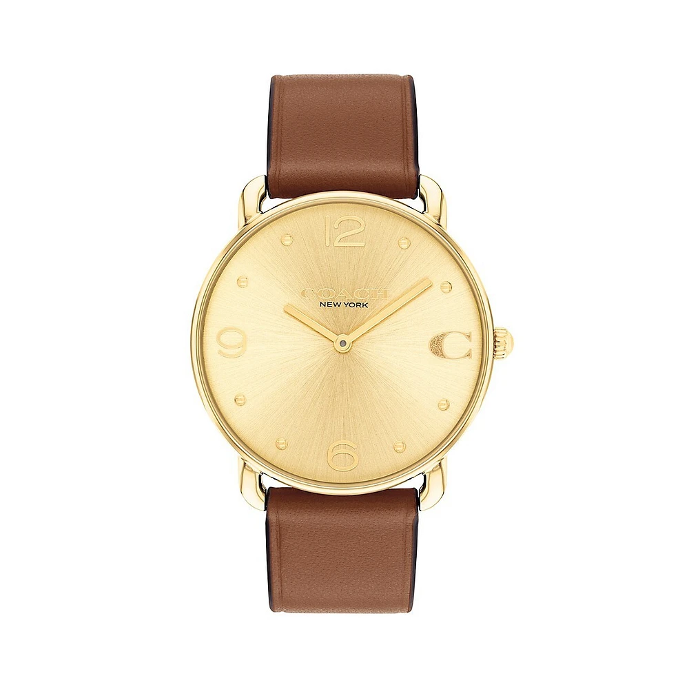 Elliot Ion-Plated Goldtone Stainless Steel and Saddle Leather Strap Watch