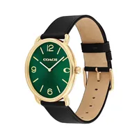 Elliot Goldtone Ionic-Plated Stainless Steel & Black Leather Strap Watch 14602648
