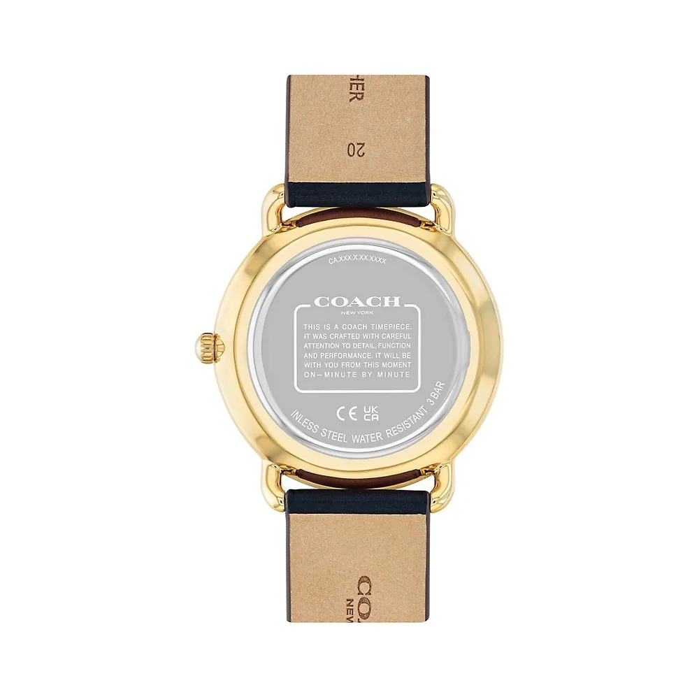 Elliot Goldtone Ionic-Plated Stainless Steel & Black Leather Strap Watch 14602648