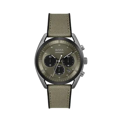 Top Ion-Plated Gray Stainless Steel and Green Textile Strap Chronograph Watch 1514092